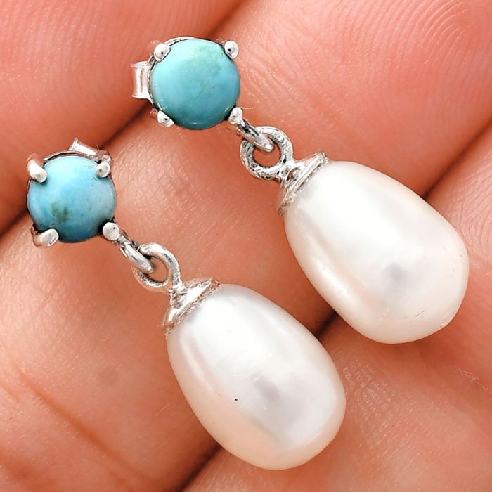 Natural Fresh Water Pearl and Turquoise Earrings EXE02415 E-1062, 8x12 mm