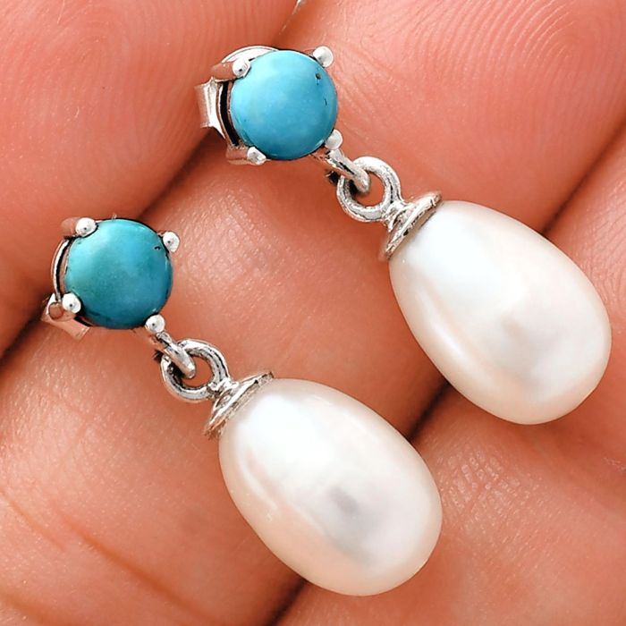 Natural Fresh Water Pearl and Turquoise Earrings EXE02416 E-1062, 8x12 mm