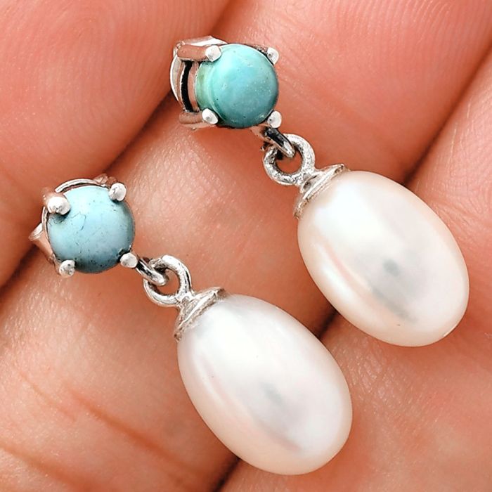 Natural Fresh Water Pearl and Turquoise Earrings EXE02417 E-1062, 8x12 mm