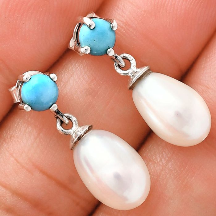 Natural Fresh Water Pearl and Turquoise Earrings EXE02418 E-1062, 8x13 mm