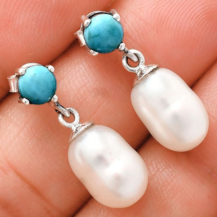 Natural Fresh Water Pearl and Turquoise Earrings EXE02419 E-1062, 8x12 mm