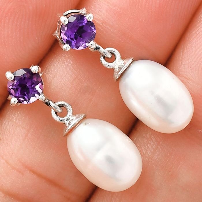 Natural Fresh Water Pearl and Amethyst Earrings EXE02420 E-1062, 8x12 mm