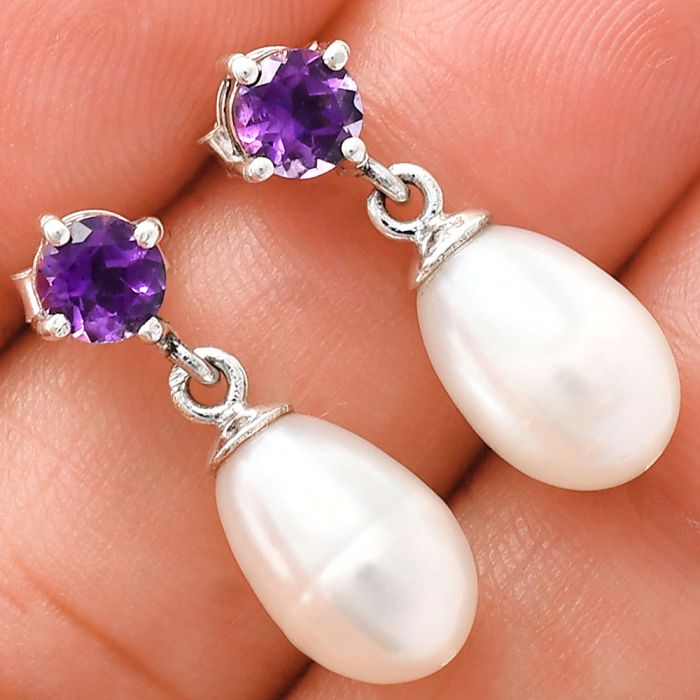 Natural Fresh Water Pearl and Amethyst Earrings EXE02422 E-1062, 8x12 mm