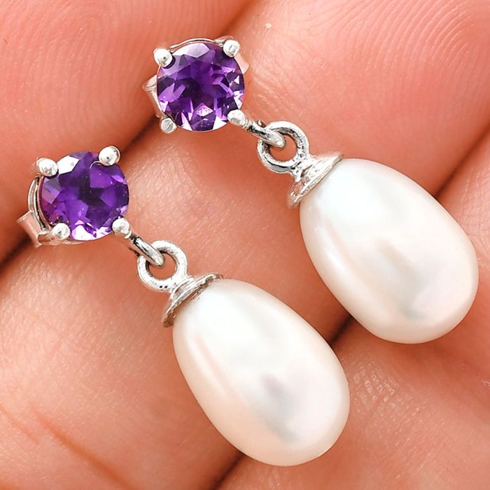 Natural Fresh Water Pearl and Amethyst Earrings EXE02423 E-1062, 8x12 mm