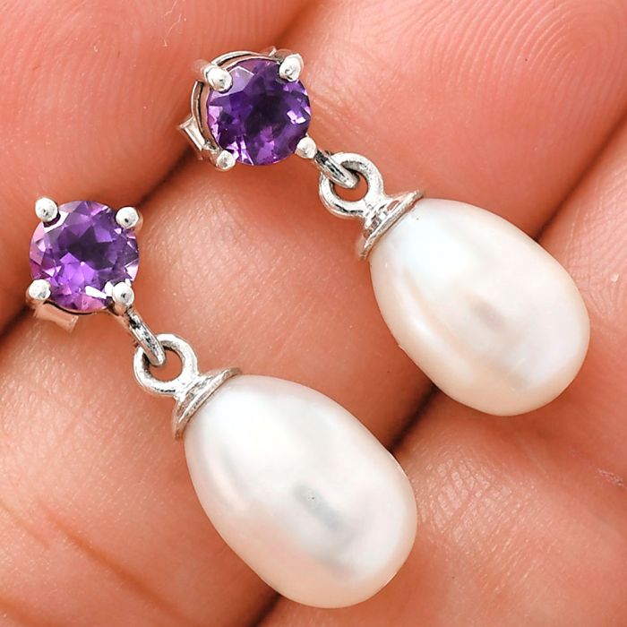 Natural Fresh Water Pearl and Amethyst Earrings EXE02425 E-1062, 8x12 mm