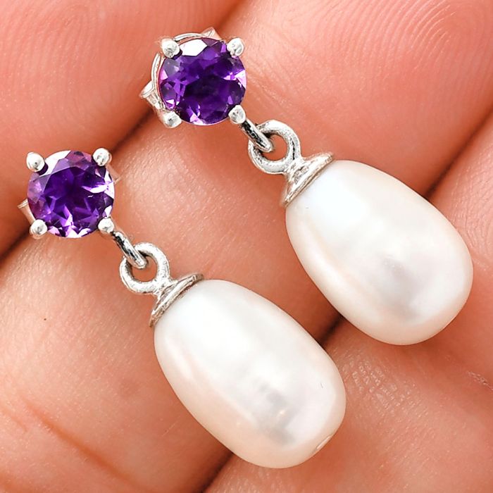 Natural Fresh Water Pearl and Amethyst Earrings EXE02426 E-1062, 8x12 mm