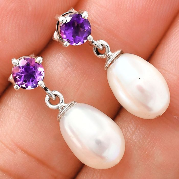 Natural Fresh Water Pearl and Amethyst Earrings EXE02427 E-1062, 8x12 mm