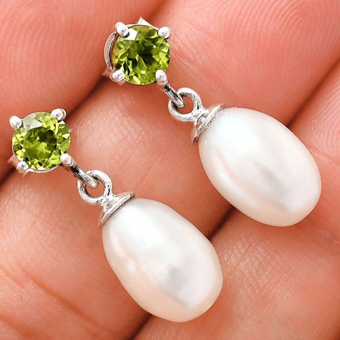 Natural Fresh Water Pearl and Peridot Earrings EXE02429 E-1062, 8x12 mm