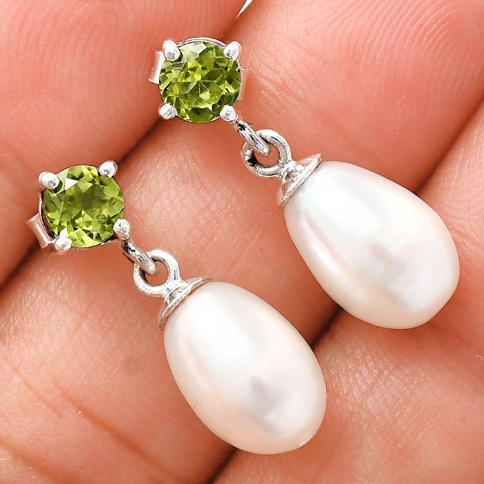 Natural Fresh Water Pearl and Peridot Earrings EXE02430 E-1062, 8x12 mm