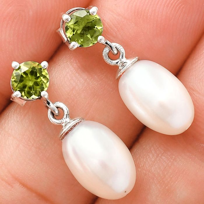 Natural Fresh Water Pearl and Peridot Earrings EXE02431 E-1062, 8x12 mm