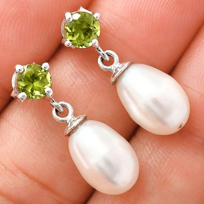 Natural Fresh Water Pearl and Peridot Earrings EXE02433 E-1062, 8x12 mm