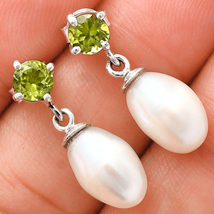 Natural Fresh Water Pearl and Peridot Earrings EXE02434 E-1062, 8x12 mm