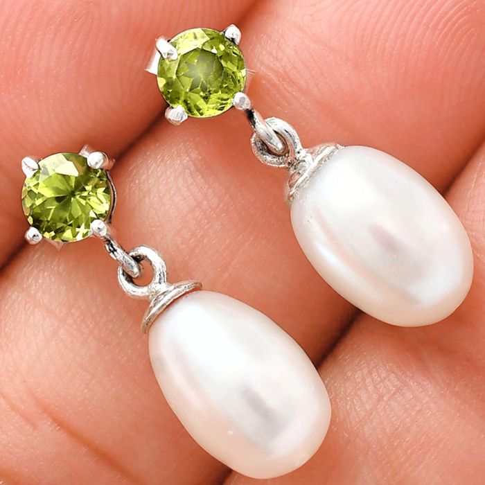 Natural Fresh Water Pearl and Peridot Earrings EXE02436 E-1062, 8x12 mm