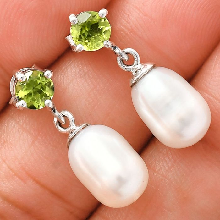 Natural Fresh Water Pearl and Peridot Earrings EXE02437 E-1062, 8x12 mm