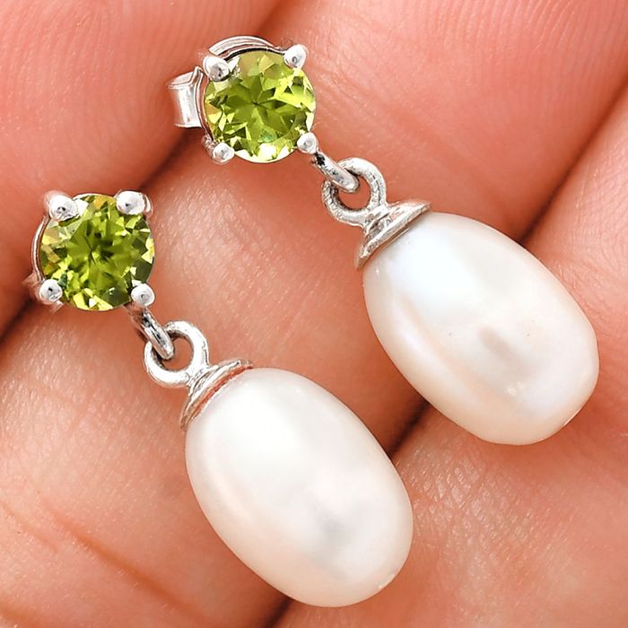 Natural Fresh Water Pearl and Peridot Earrings EXE02438 E-1062, 8x12 mm