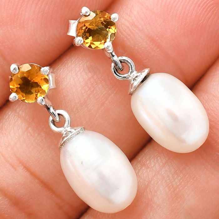 Natural Fresh Water Pearl and Citrine Earrings EXE02439 E-1062, 8x12 mm