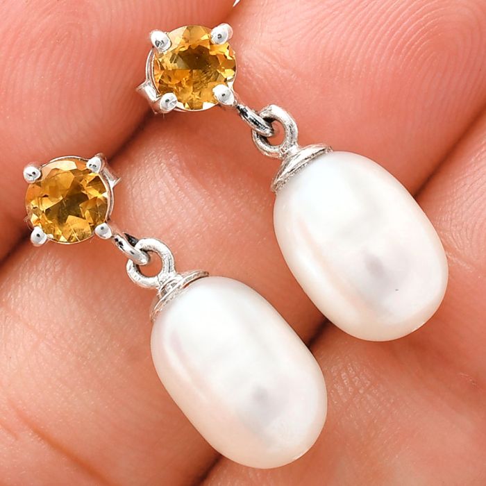 Natural Fresh Water Pearl and Citrine Earrings EXE02441 E-1062, 8x12 mm