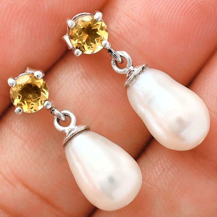 Natural Fresh Water Pearl and Citrine Earrings EXE02442 E-1062, 8x12 mm