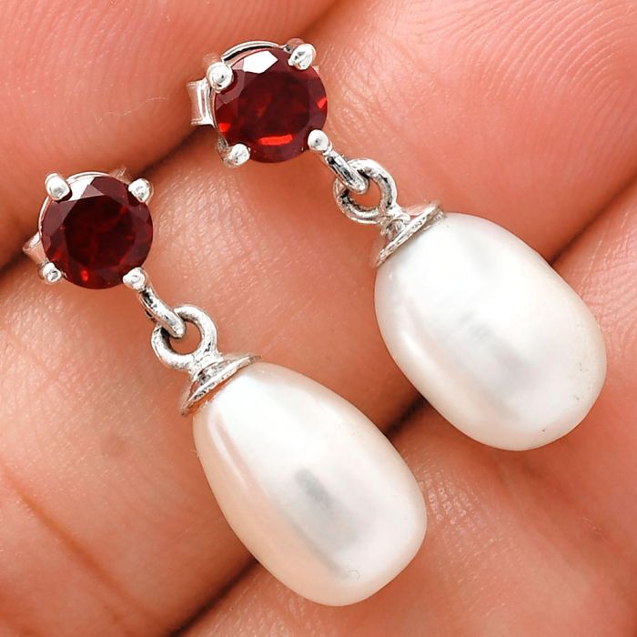 Natural Fresh Water Pearl and Garnet Earrings EXE02443 E-1062, 8x12 mm