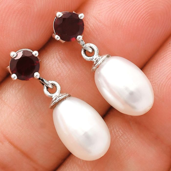 Natural Fresh Water Pearl and Garnet Earrings EXE02444 E-1062, 8x12 mm