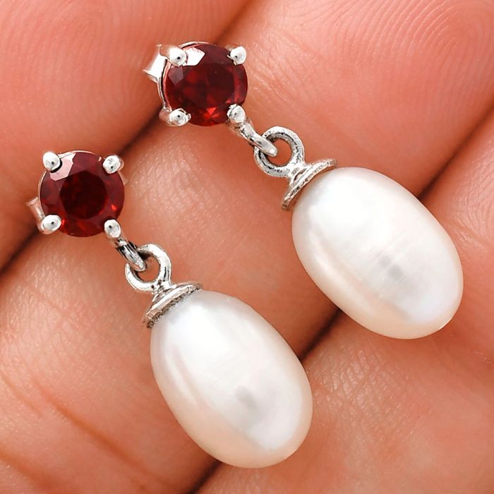 Natural Fresh Water Pearl and Garnet Earrings EXE02445 E-1062, 8x12 mm