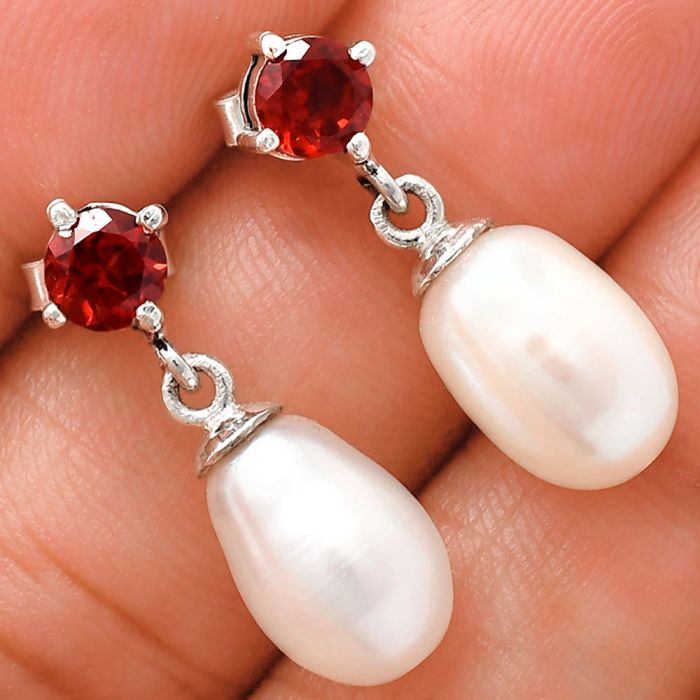 Natural Fresh Water Pearl and Garnet Earrings EXE02446 E-1062, 8x12 mm