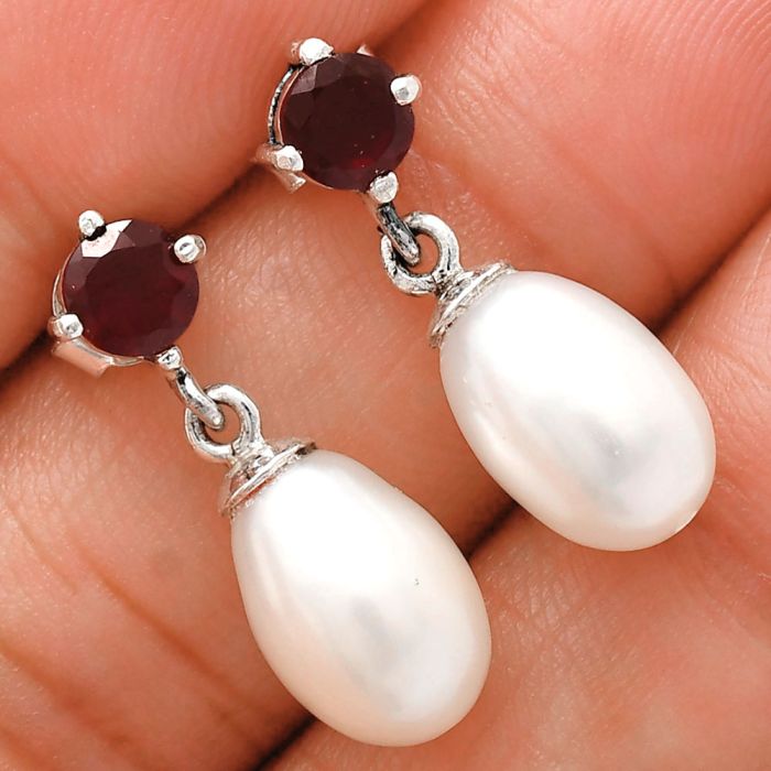 Natural Fresh Water Pearl and Garnet Earrings EXE02448 E-1062, 8x12 mm