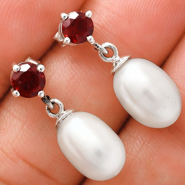 Natural Fresh Water Pearl and Garnet Earrings EXE02449 E-1062, 8x12 mm