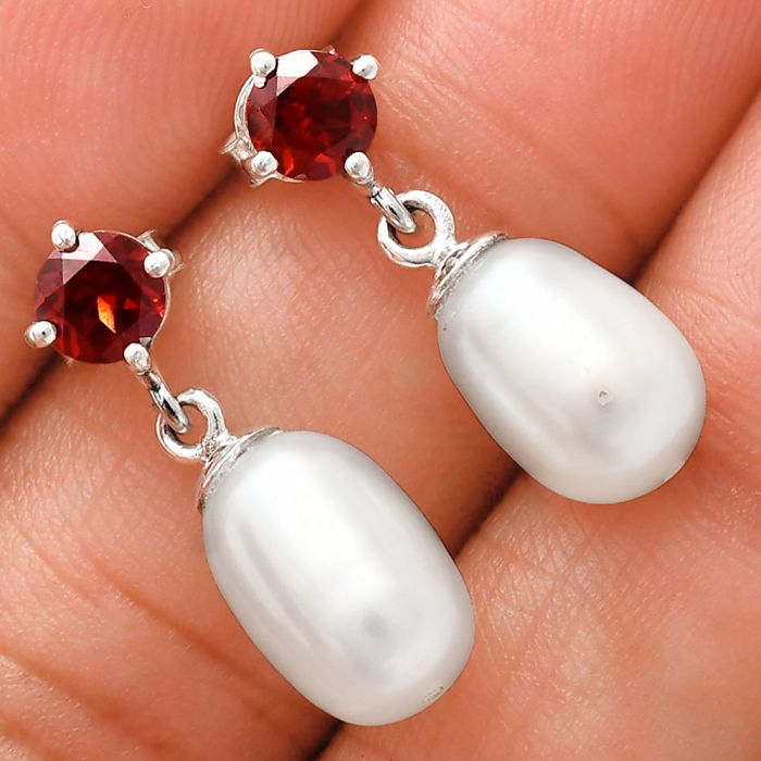 Natural Fresh Water Pearl and Garnet Earrings EXE02450 E-1062, 8x12 mm