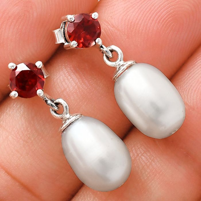 Natural Fresh Water Pearl and Garnet Earrings EXE02451 E-1062, 8x12 mm