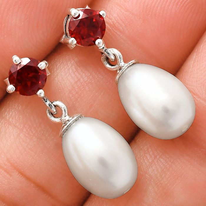 Natural Fresh Water Pearl and Garnet Earrings EXE02454 E-1062, 8x12 mm