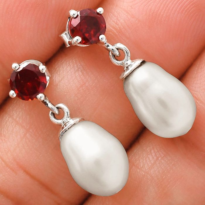 Natural Fresh Water Pearl and Garnet Earrings EXE02455 E-1062, 8x12 mm