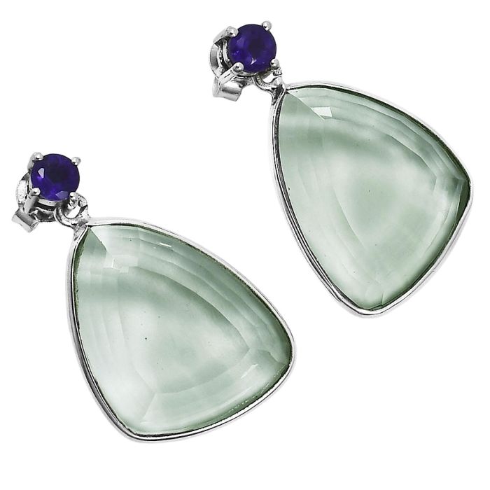 Prasiolite (Green Amethyst) and African Amethyst Earrings EXE02506 E-1256, 15x20 mm