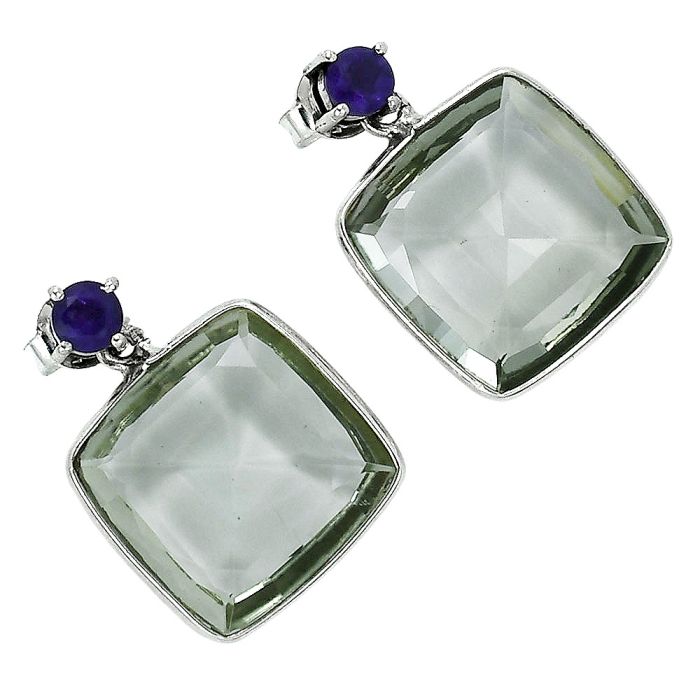 Prasiolite (Green Amethyst) and African Amethyst Earrings EXE02511 E-1256, 15x15 mm