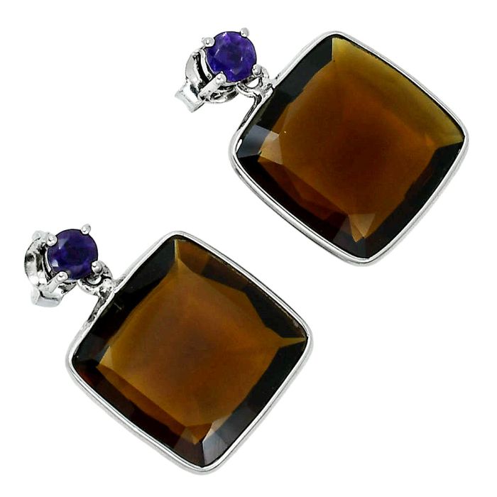 Smoky Quartz and Amethyst Earrings EXE02520 E-1256, 15x15 mm