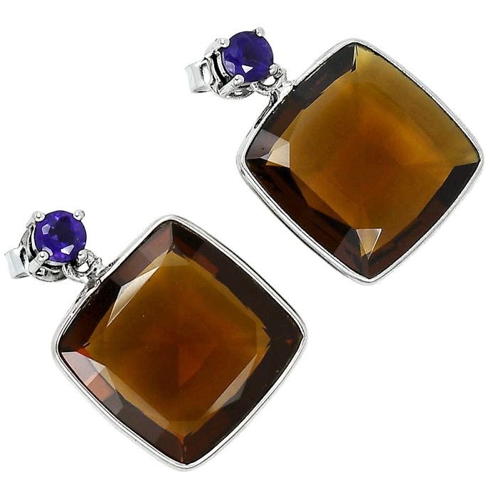 Smoky Quartz and Amethyst Earrings EXE02521 E-1256, 15x15 mm