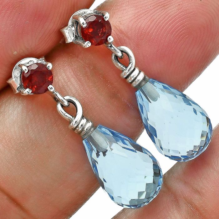 Sky Blue Topaz Drop and Garnet Earrings EXE02617 E-1062, 8x12 mm