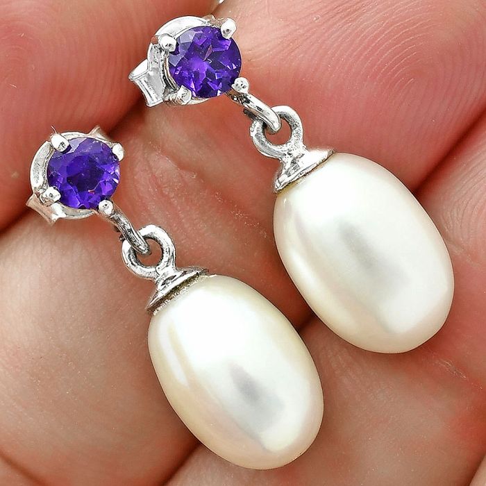 Natural Fresh Water Pearl Drop and Amethyst Earrings EXE02619 E-1062, 8x12 mm