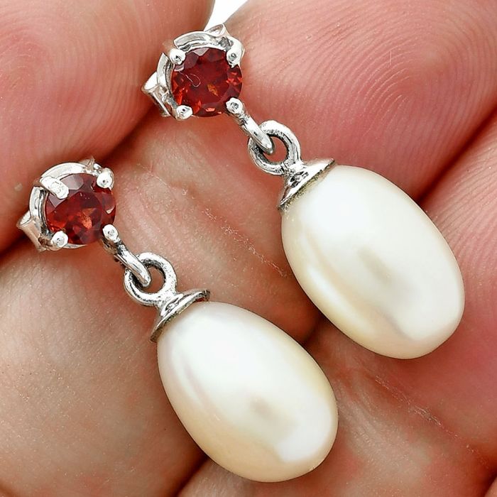 Natural Fresh Water Pearl Drop and Garnet Earrings EXE02629 E-1062, 8x12 mm