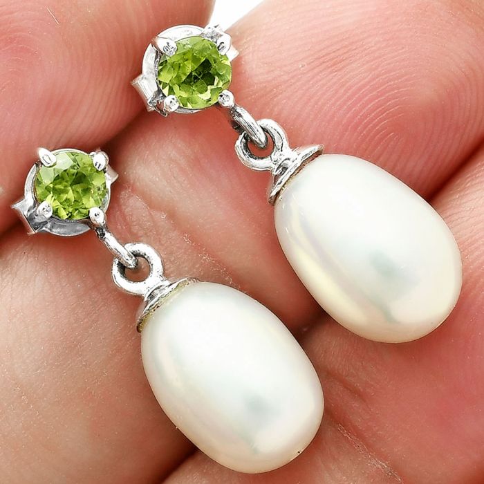 Natural Fresh Water Pearl Drop and Peridot Earrings EXE02639 E-1062, 8x12 mm