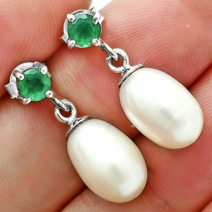 Natural Fresh Water Pearl Drop and Green Onyx Earrings EXE02644 E-1062, 8x12 mm