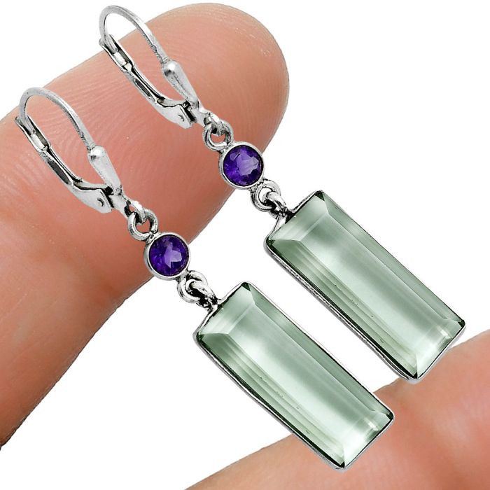 Prasiolite (Green Amethyst) and Amethyst Earrings EXE02805 E-1254, 8x19 mm