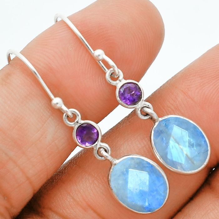 Rainbow Moonstone Checker and Amethyst Earrings EXE02815 E-1023, 8x10 mm