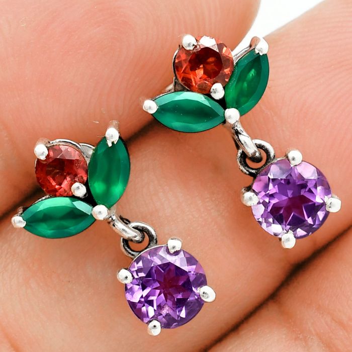 Amethyst, Green Onyx & Garnet Earrings EXE02824 E-1060, 6x6 mm