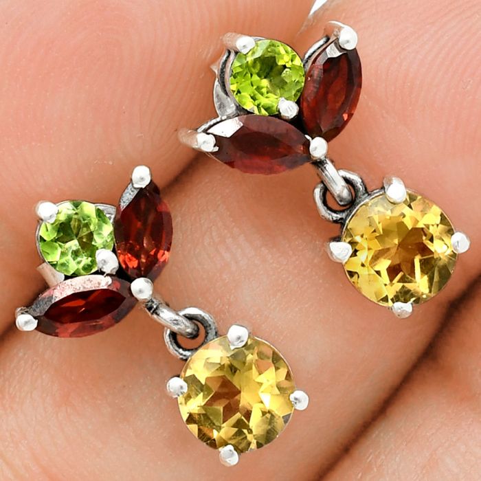 Citrine, Peridot & Garnet Earrings EXE02858 E-1060, 6x6 mm