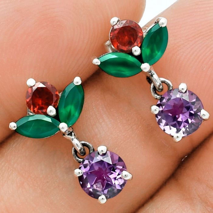 Amethyst, Garnet & Green Onyx Earrings EXE02868 E-1060, 6x6 mm