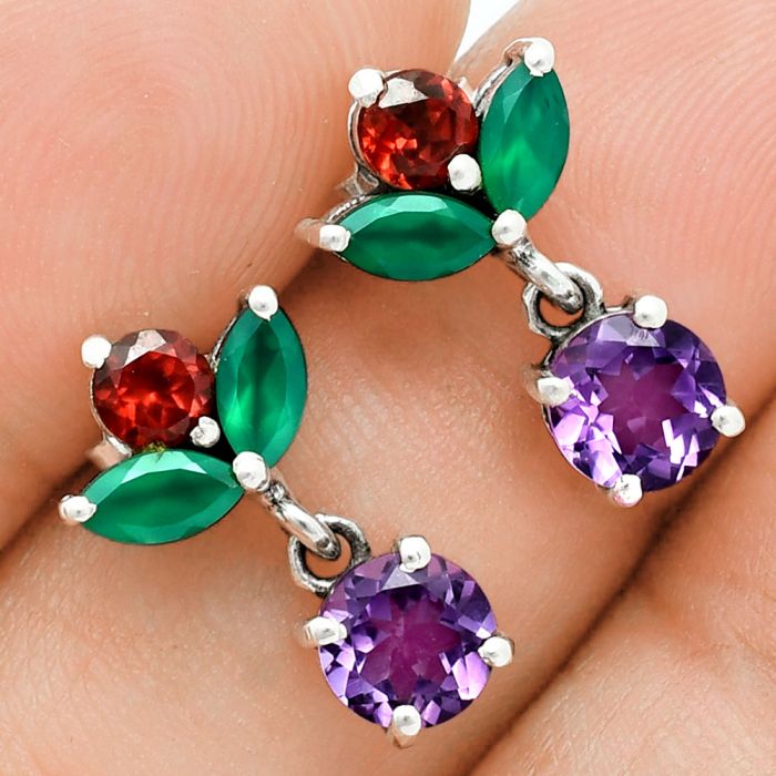 Amethyst, Garnet & Green Onyx Earrings EXE02869 E-1060, 6x6 mm