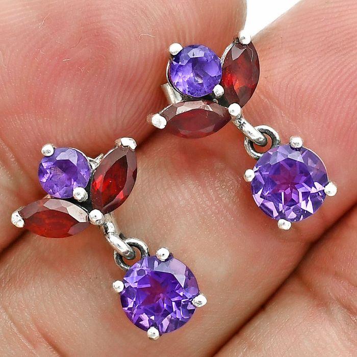 African Amethyst and Garnet Earrings EXE02906 E-1249, 6x6 mm