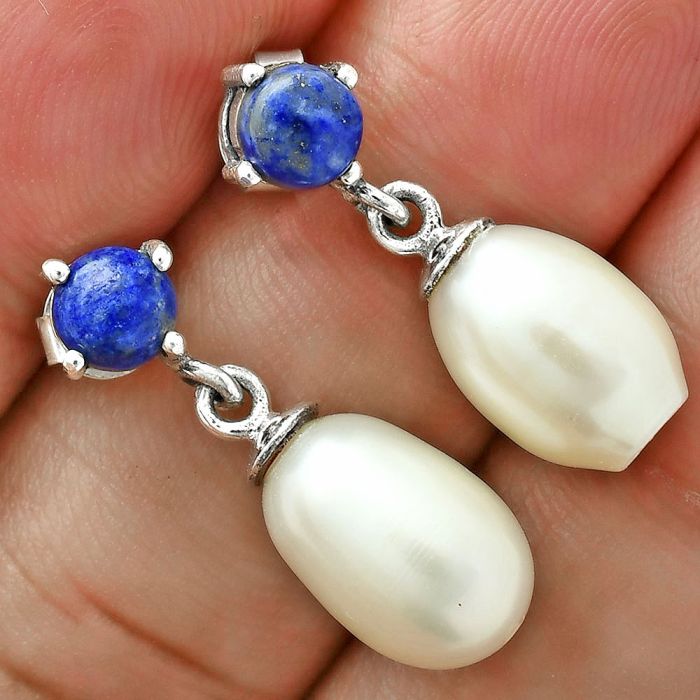 Natural Fresh Water Pearl and Lapis Lazuli Earrings EXE02920 E-1062, 8x12 mm