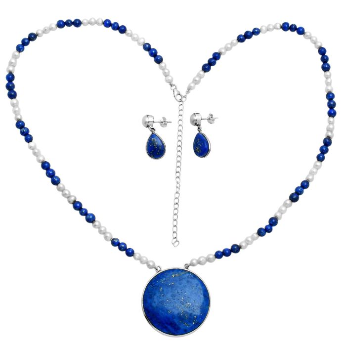 Lapis Lazuli and Pearl Necklace Earrings Set EXG01003 N-1026, 35x35 mm